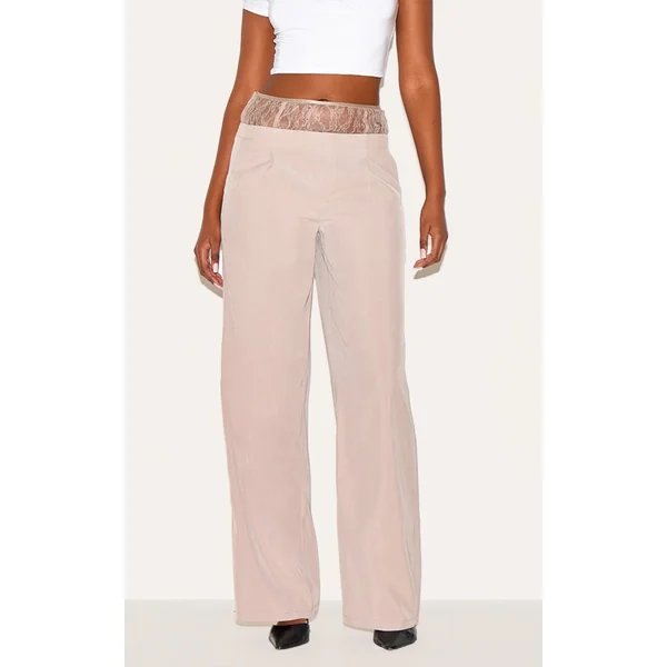 Taupe Lace Waist Detail Woven Wide Leg Pants