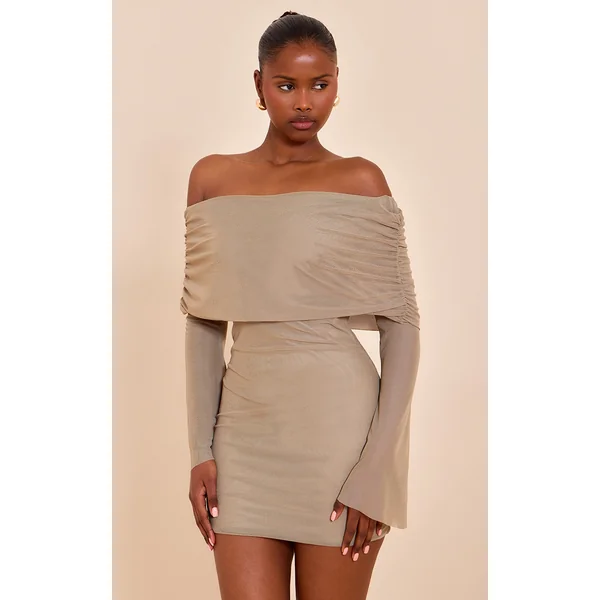 Taupe Lined Mesh Long Sleeve Mini Dress