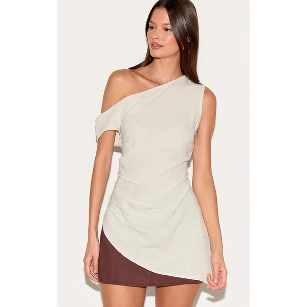 Taupe Linen Look One Shoulder Asymmetric Top