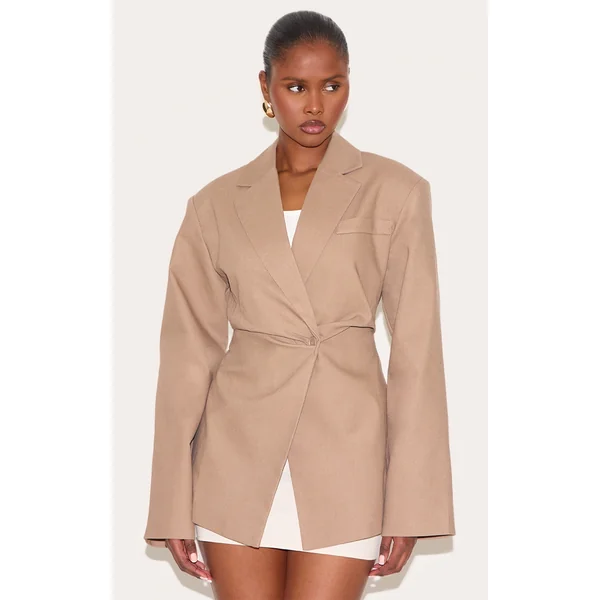 Taupe Linen Look Tailored Cinched Waist Blazer