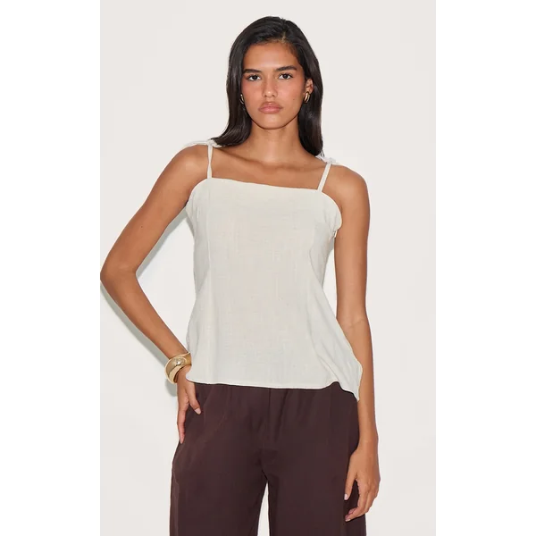 Taupe Linen Look Tie Strap Cami Top