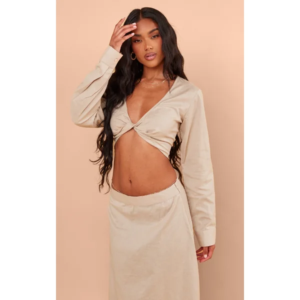 Taupe Linen Look Twist Front Cropped Shirt