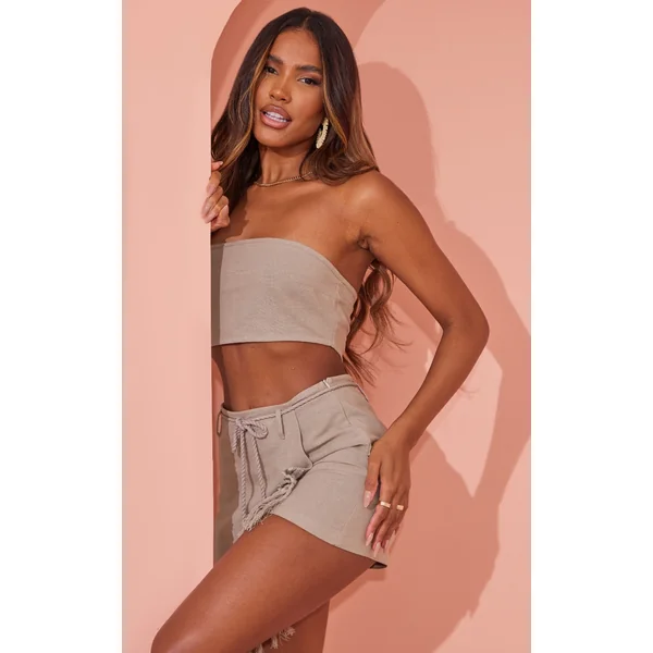 Taupe Linen Look Zip Back Bandeau