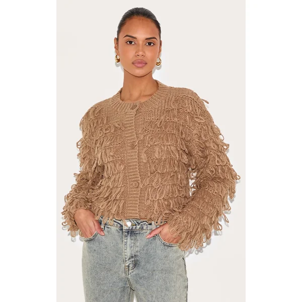 Taupe Loop Knit Crew Neck Button Up Cardigan