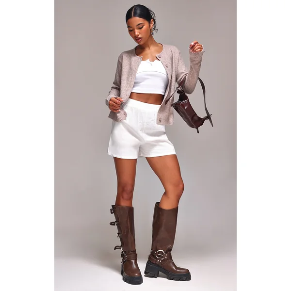 Taupe Melange Soft Knit Basic Button Up Cardigan