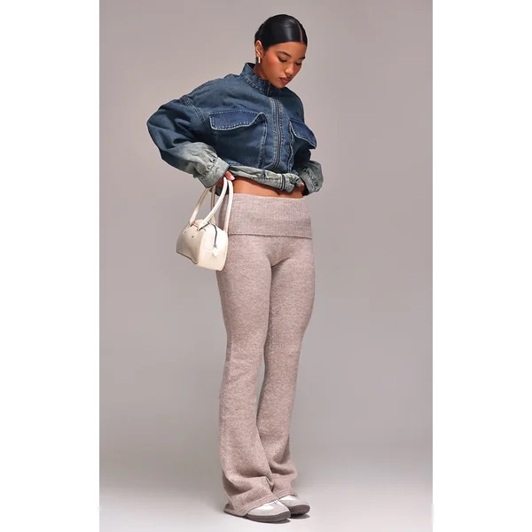 Taupe Melange Soft Knit Foldover Waist Flared Pants