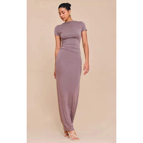 Taupe Modal Ruched Cap Sleeve Midaxi Dress