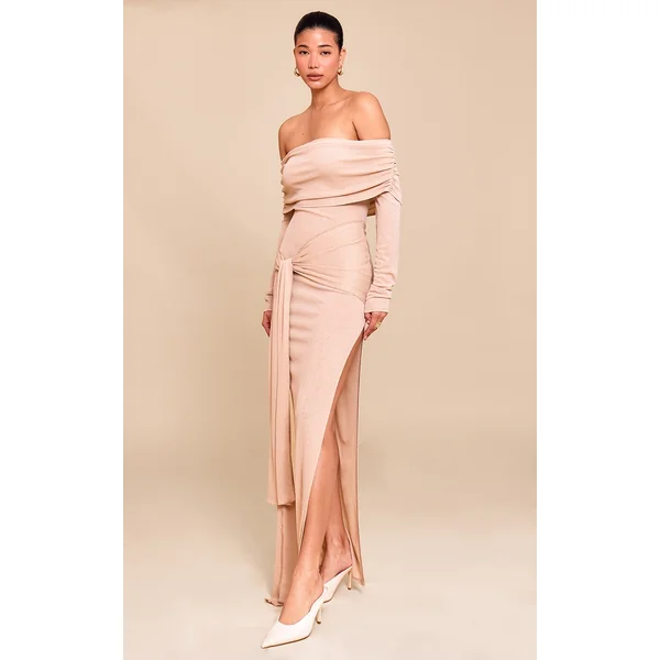 Taupe Onion Skin Bardot Tie Waist Maxi Dress