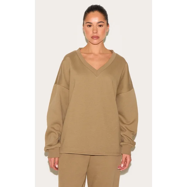 Taupe Oversized V Neck Sweatshirt