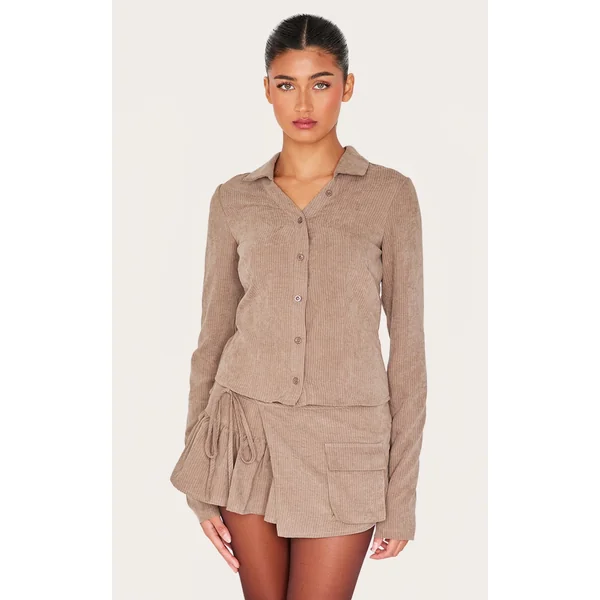 Taupe Peach Skin Pinstripe Long Sleeve Cargo Shirt