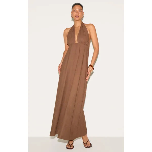 Taupe Plunge Halterneck Maxi Dress