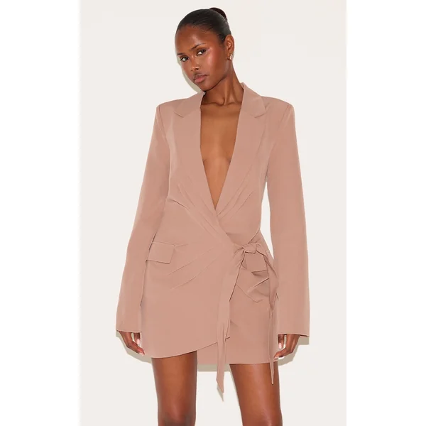 Taupe Plunge Tie Side Blazer Dress