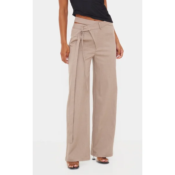 Taupe Premium Crossover Waistband Detail Tailored Pant