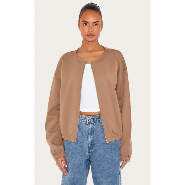 Taupe Premium Oversized Boxy Collarless Zip Sweat Top