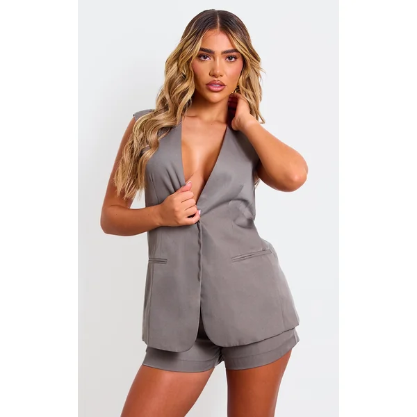 Taupe Premium Tailored Woven Longline Vest