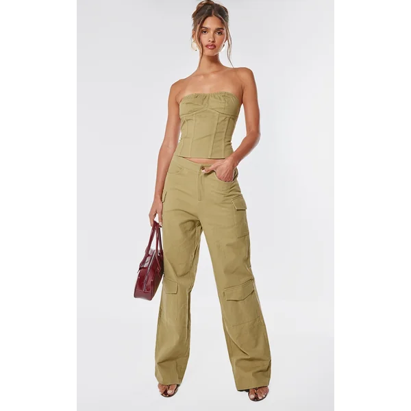 Taupe Premium Twill Cargo Mid Rise Wide Leg Pants