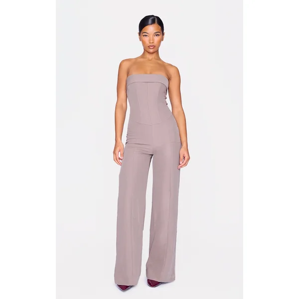 Taupe Premium Woven Bandeau Coreset Straight Leg Jumpsuit