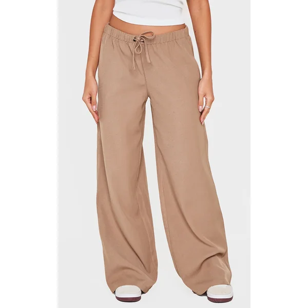 Taupe Premium Woven Drawstring Waistband Low Rise Pants