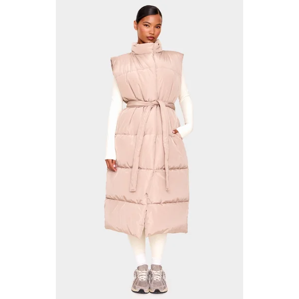 Taupe Quilted Longline Tie Waist Vest