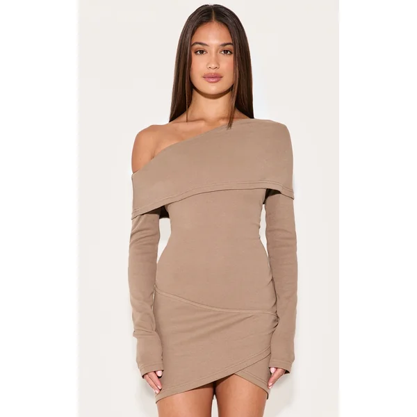 Taupe Rib Bardot Wrap Mini Dress