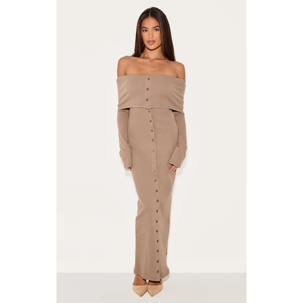 Taupe Rib Fold Over Bardot Button Maxi Dress