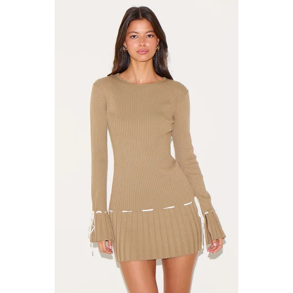 Taupe Rib Knit Pleated Contrast Tie Detail Long Sleeve Mini Dress