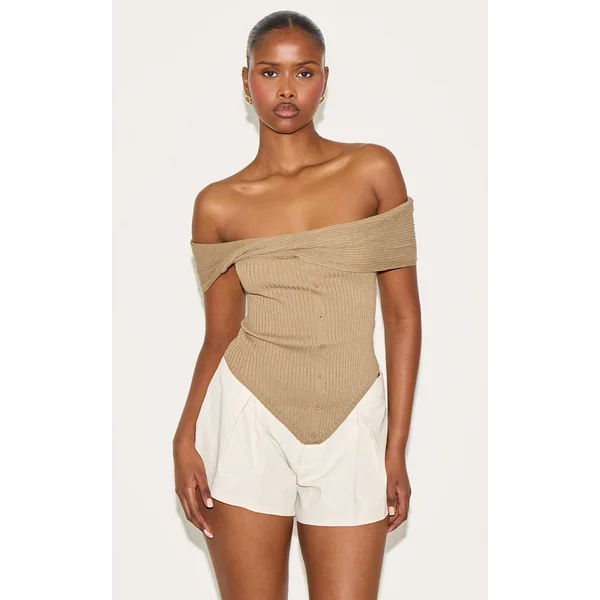 Taupe Rib Knit Twist Bardot Button Through Top
