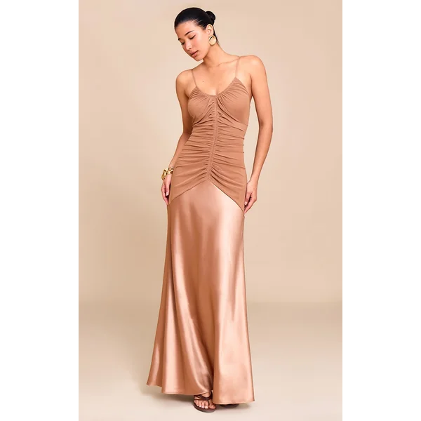 Taupe Ruched Detail Satin Maxi Slip Dress