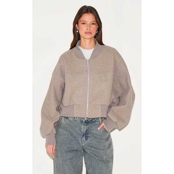 Taupe Ruched Sleeve Cropped Bomber Jacket