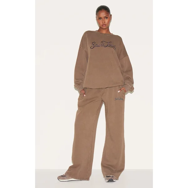 Taupe Saint Louis Embroidered Wide Leg Sweatpants