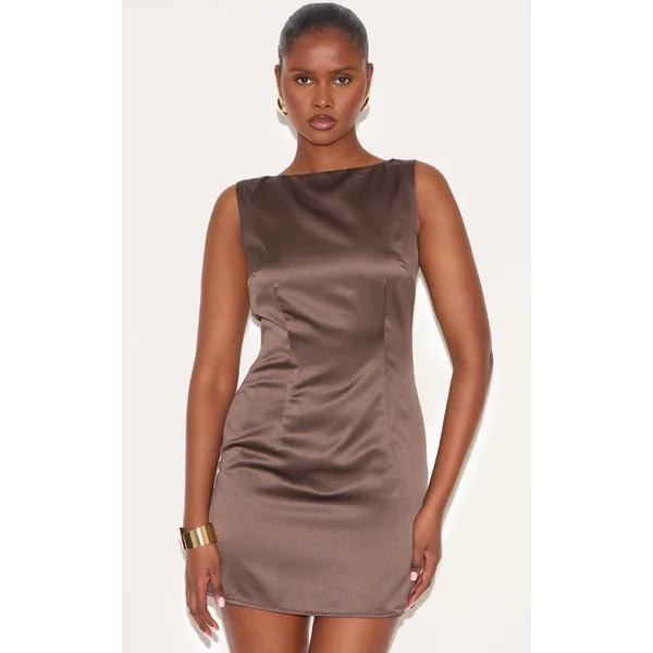 Taupe Satin Boat Mini Dress