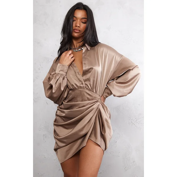 Taupe Satin Drape Skirt Oversized Sleeve Shirt Dress