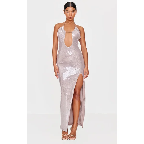 Taupe Sequin Tie Neck Cut Out Maxi Dress