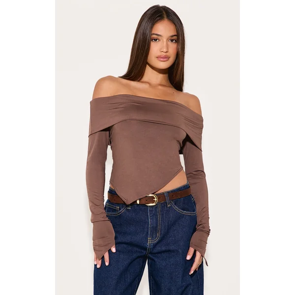 Taupe Slinky Bardot Asymmetric Long Top