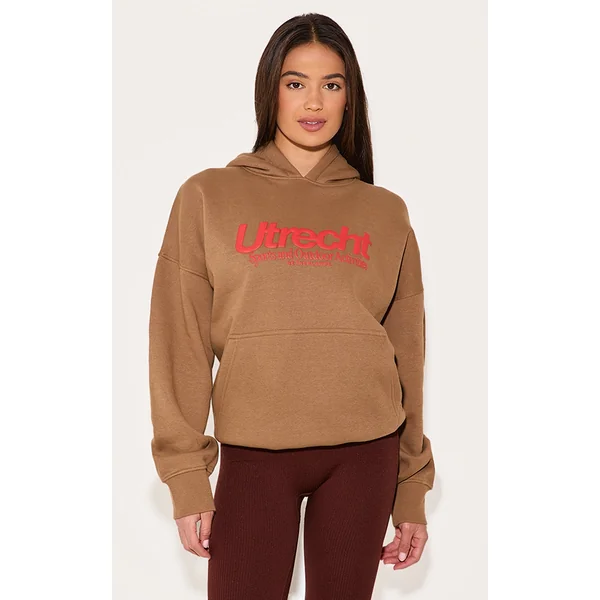 Taupe Sports Puff Print Oversize Hoodie