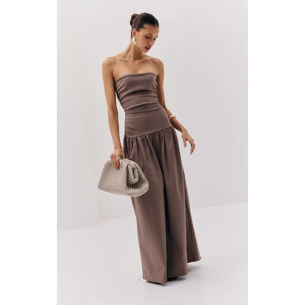 Taupe Stretch Woven Bandeau Ruched Maxi Dress