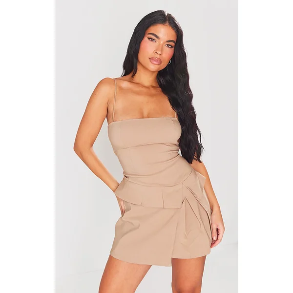 Taupe Stretch Woven Pleated Strappy Shift Dress