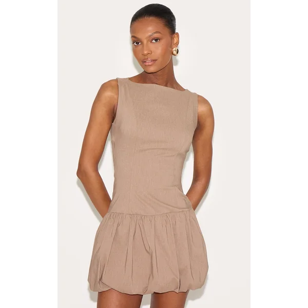 Taupe Stretch Woven Puffball Dress