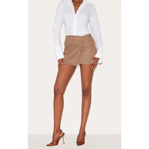 Taupe Stripe Woven Wrap Detail Mini Skirt