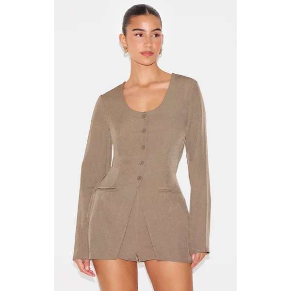 Taupe Tailored Button Down Scoop Neck Romper