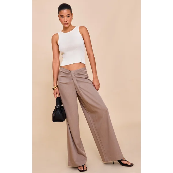 Taupe Tailored Drape Detail Dip Waist Pants