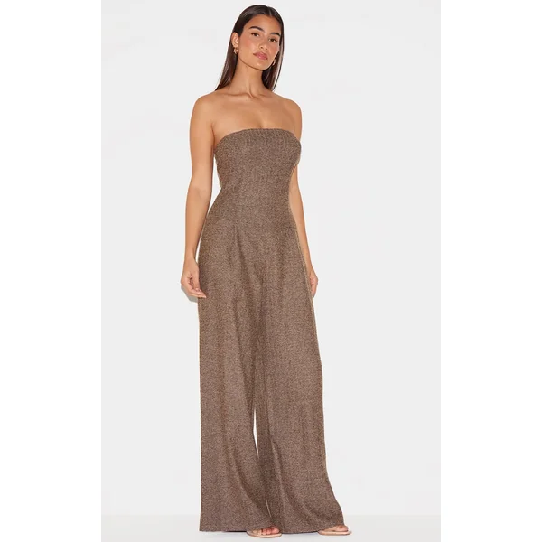 Taupe Tailored Herringbone Bandeau Wide Leg Jumpsuit