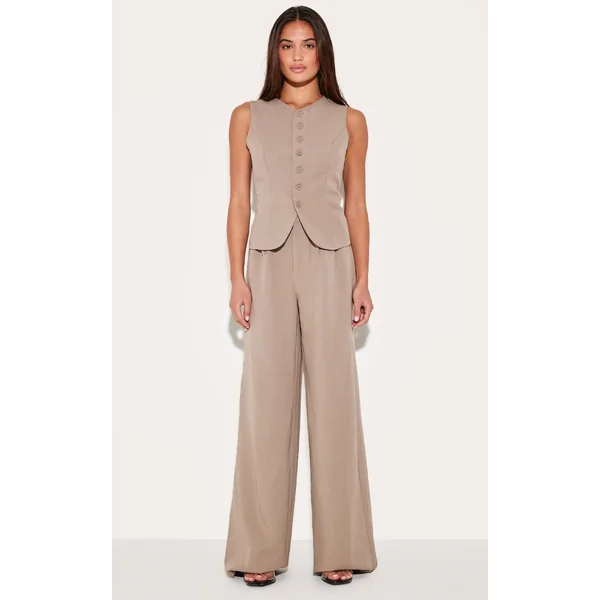Taupe Tailored Tie Detail Woven Wide Leg Pants