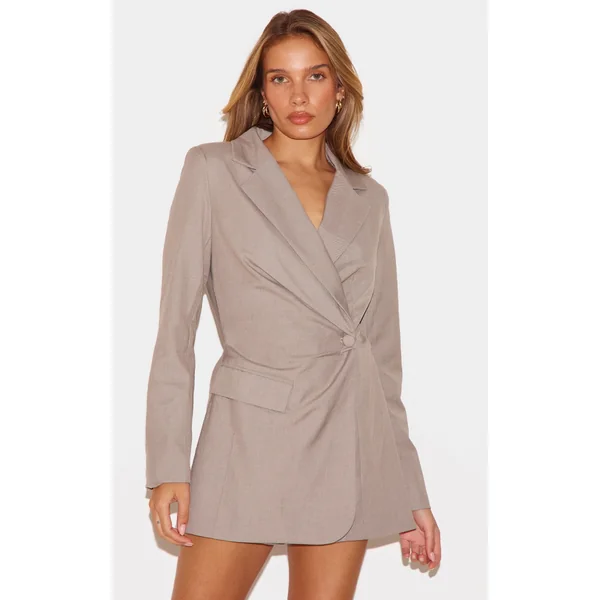 Taupe Tailored Woven Cinched Waist Long Sleeve Romper