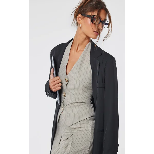 Taupe Tailored Woven Herringbone Halterneck Top