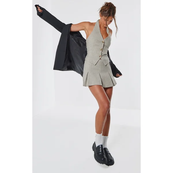 Taupe Tailored Woven Herringbone Mini Pleated Skirt