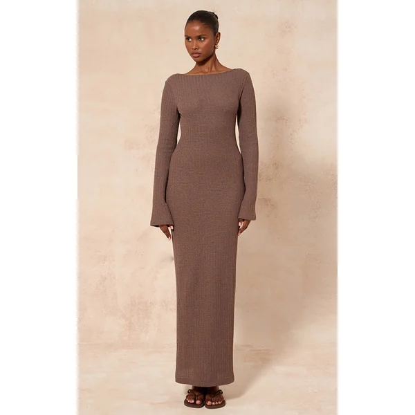 Taupe Textured Boat Neck Backless Long Sleeve Maxi Dress