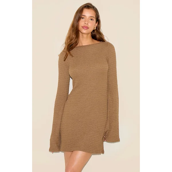 Taupe Textured Boat Neck Long Sleeve Shift Dress