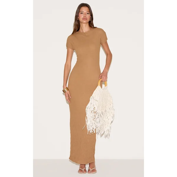 Taupe Textured Cap Sleeve Maxi Dress