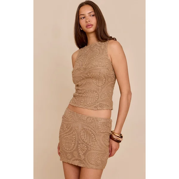 Taupe Textured Embroidered Mini Skirt